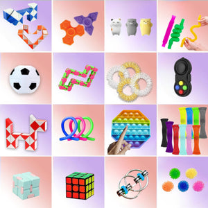 Inhalt des Fidget-Spielzeug-Pakets – Pop it, Spinner, Squishy, magische Schlange und Zauberwürfel