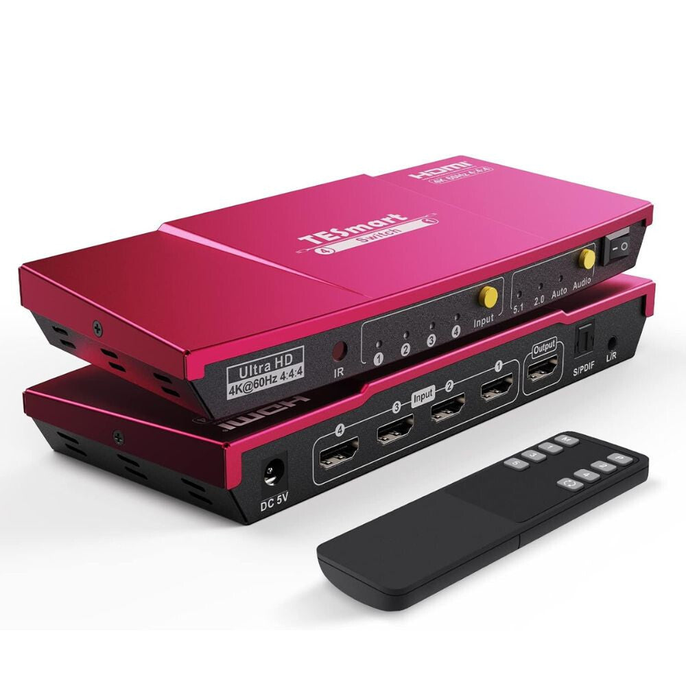 TESmart UHD HDMI Switch – 4x1 (4 Bemenet 1 Kimenet), 4K@60Hz, HDR10, Dolby Vision, S/PDIF, CEC, Audió Kimenettel (Korallpiros)