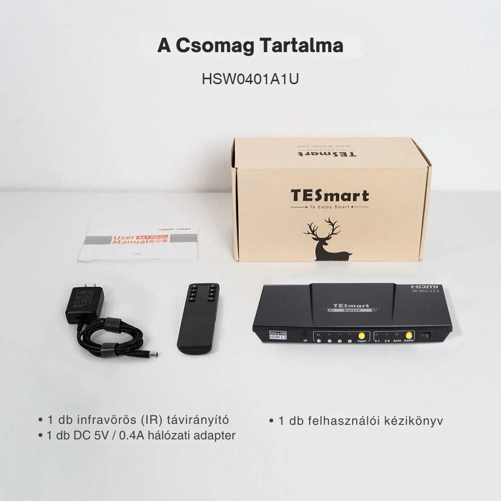 TESmart UHD HDMI Switch – 4x1 (4 Bemenet 1 Kimenet), 4K@60Hz, HDR10, Dolby Vision, S/PDIF, CEC, Audió Kimenettel (Korallpiros)