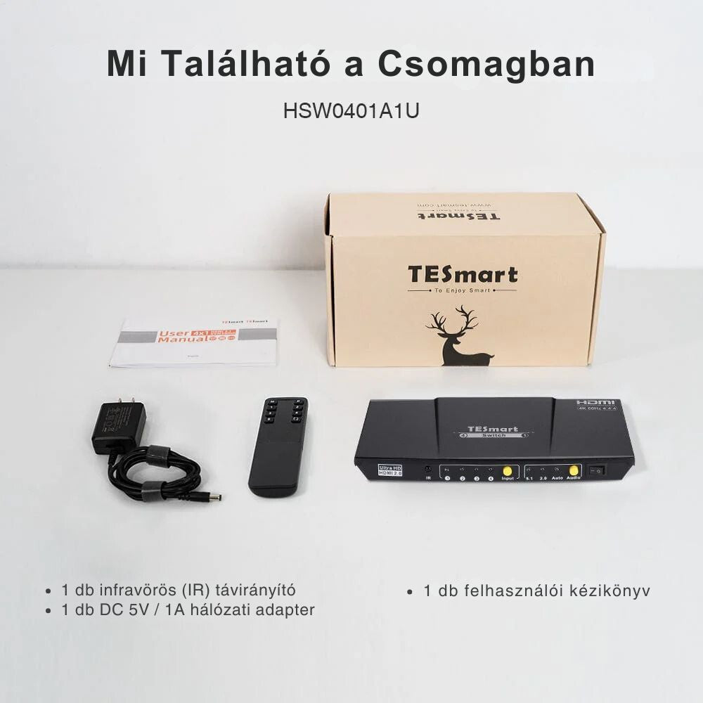 TESmart UHD HDMI Switch – 4x1 (4 Bemenet 1 Kimenet), 4K@60Hz, HDR10, Dolby Vision, S/PDIF, CEC, Audió Kimenettel (Fekete)