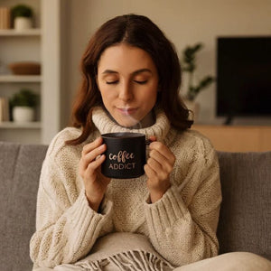 Coffee Addict Kerámia Bögre – 410 ml, Kék Arany Felirattal - BShopy