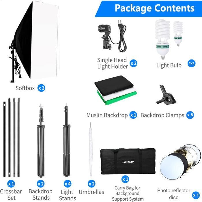 Hakutatz Professzionális Fotóstúdió Szett – Stúdióvilágítás és Háttérrendszer – Softbox Lámpaállványokkal – Védőtáskával - BShopy
