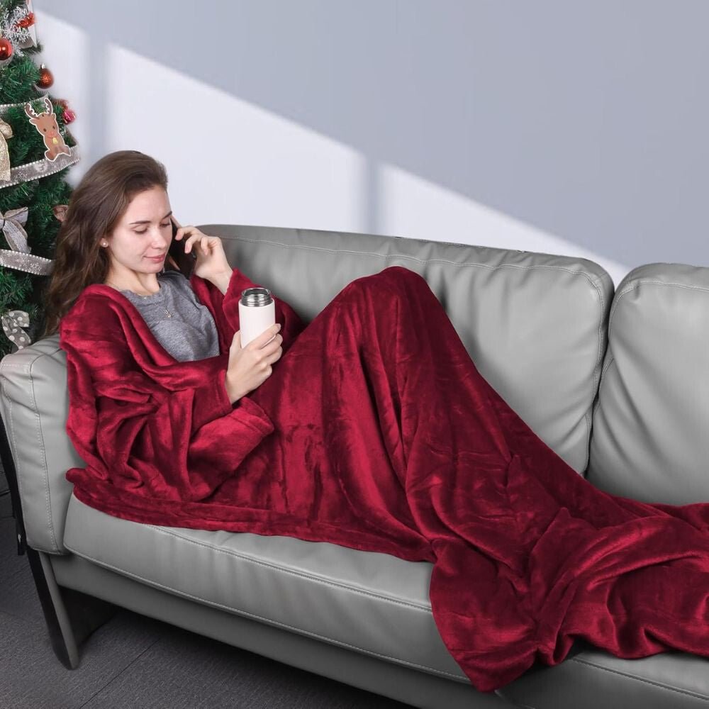 Hordható Pléd Kéznyílással és Zsebbel – Extra Puha Kivitel, Bordó - BShopyB09CYMWRP5_5