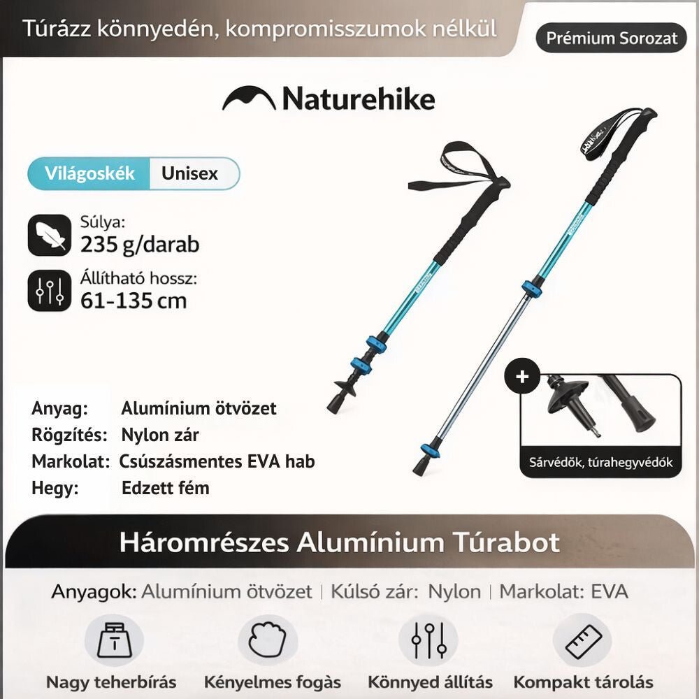 Naturehike Alumínium Túrabot – 3 Részes, 61–135 cm, EVA Markolattal, Kék - BShopy