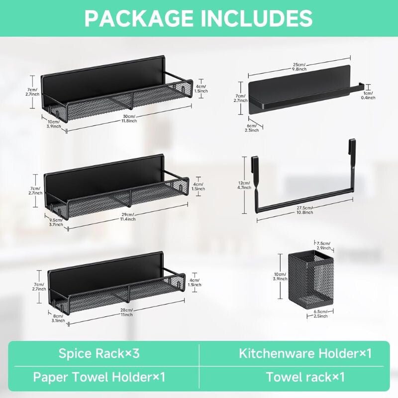 PKBD Fekete Mágneses Fűszertartó Készlet – 6 db Rozsdamentes Acél Polc Fúrás Nélkül - BShopyB0DCJJLV2X_2