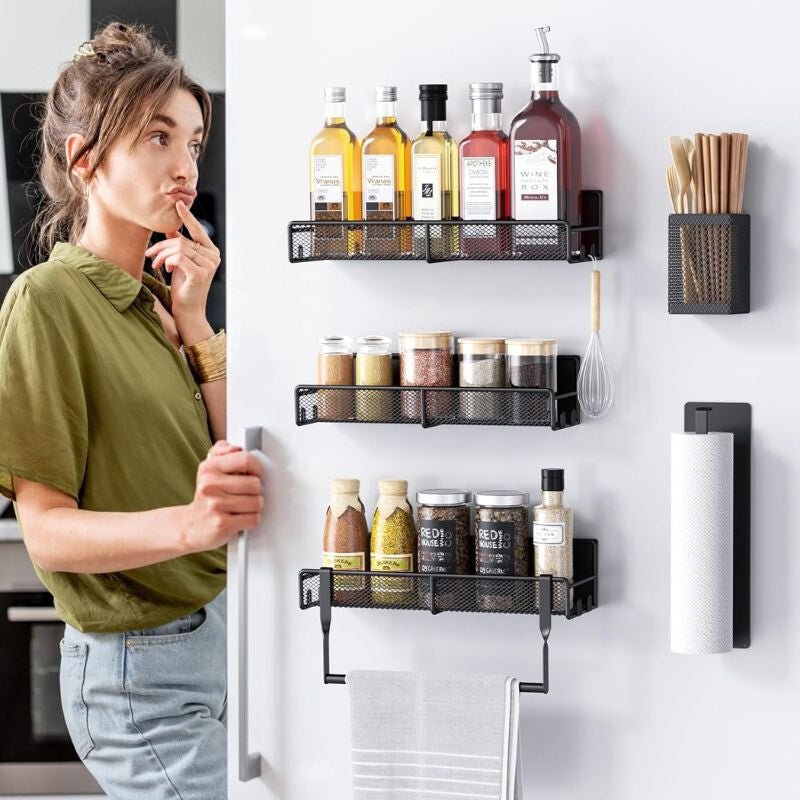PKBD Fekete Mágneses Fűszertartó Készlet – 6 db Rozsdamentes Acél Polc Fúrás Nélkül - BShopyB0DCJJLV2X_0