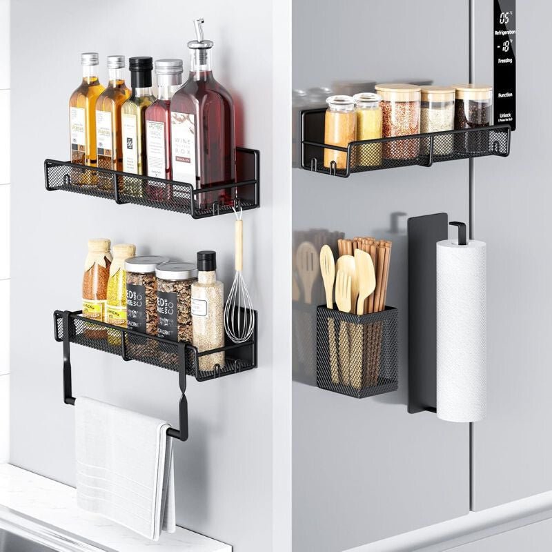 PKBD Fekete Mágneses Fűszertartó Készlet – 6 db Rozsdamentes Acél Polc Fúrás Nélkül - BShopyB0DCJJLV2X_1