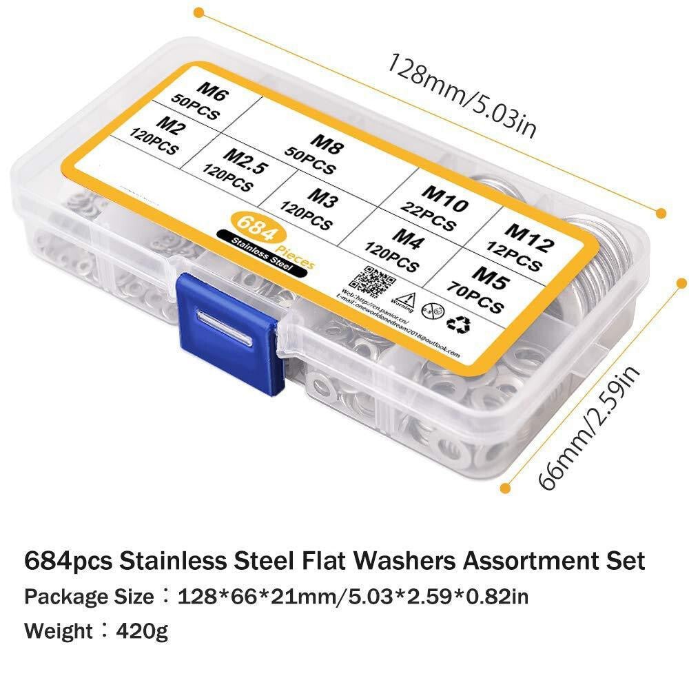 Rozsdamentes Acél Lapos Alátét Készlet - 684 darabos Szerelő Alátét Szett Tárolódobozban - BShopyX001BWSQKZ_5