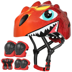 Set: roter Dino-Kinderhelm mit Schonern