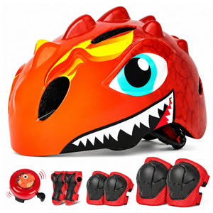 Set: roter Dino-Kinderhelm mit Schonern und Klingel