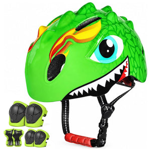 Set: grüner Dino-Kinderhelm mit Schonern