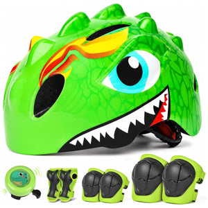 Set: grüner Dino-Kinderhelm mit Schonern und Klingel