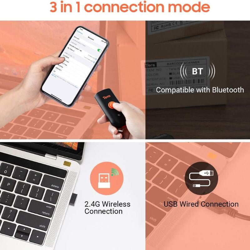 Tera Mini Hordozható 1D CCD Vonalkódolvasó – Bluetooth, 2.4G Vezeték Nélküli és USB Kapcsolat - BShopyTERA1DHAND_3