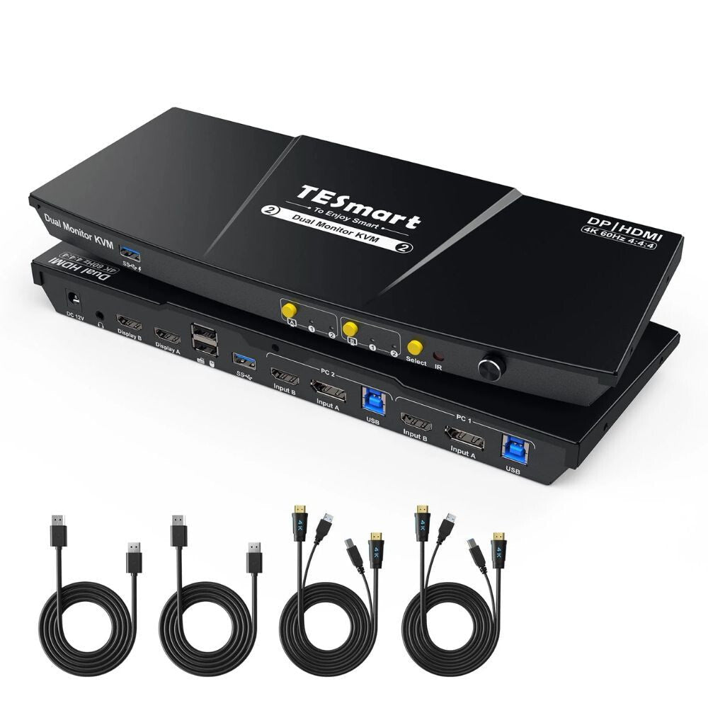 TESmart Dual Monitor KVM Switch – 2x2 (2 PC / 2 Monitor) HDMI + DisplayPort, 4K@60Hz, EDID, USB 3.0 - BShopy2 PC 2 monitor4K@60HzEDID emulációTESmart Dual Monitor KVM Switch – 2x2 (2 PC / 2 Monitor) HDMI + DisplayPort, 4K@60Hz, EDID, USB 3.0