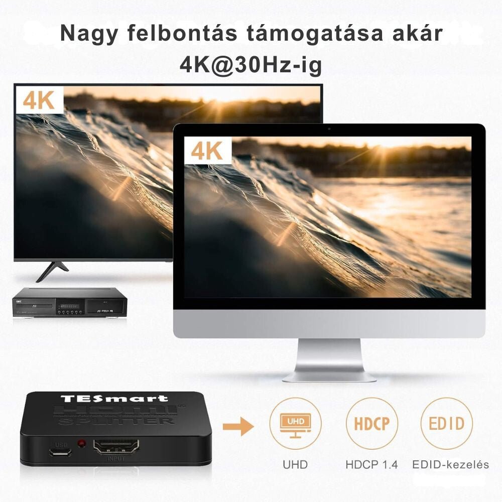 TESmart HDMI Splitter 1x2 – 4K@30Hz Ultra HD, HDMI Elosztó TV - hez, konzolhoz - BShopy1 HDMI 2 TV - re4K@30HzDolby DTS támogatásX000X5KUH3_1