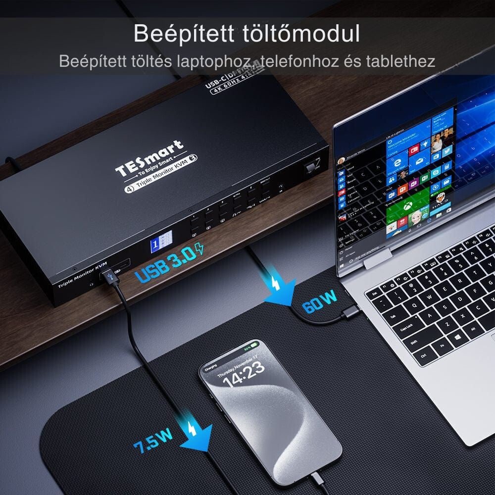 TESmart MST KVM Dokkolóállomás 3 Monitorhoz, 4K 60Hz, EDID - 1 Laptop + 3 Számítógép - BShopy1 laptop 3 PC KVM3 monitor 4 számítógép3 monitoros KVMHDC403 - P23 - EUBK_4