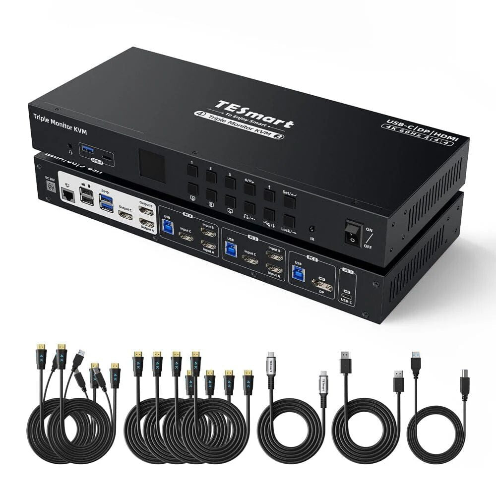 TESmart MST KVM Dokkolóállomás 3 Monitorhoz, 4K 60Hz, EDID - 1 Laptop + 3 Számítógép - BShopy1 laptop 3 PC KVM3 monitor 4 számítógép3 monitoros KVMHDC403 - P23 - EUBK_0