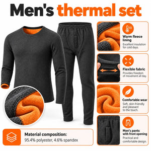 Merkmale des Herren-Thermosets – warmes Fleecefutter, elastisches Material, Hose mit Eingriff vorne
