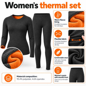 Merkmale des Damen-Thermosets – warmes Fleecefutter, elastisches Material, Hose mit glatter Vorderseite