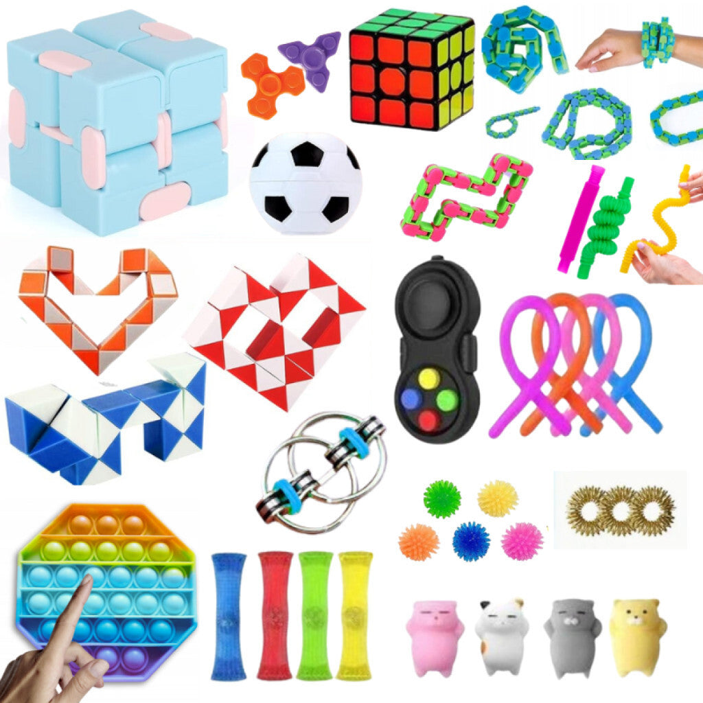 Spielzeuge aus dem Fidget-Überraschungspaket – Pop it, Infinity Cube, Flippy-Kette, Murmelröhren