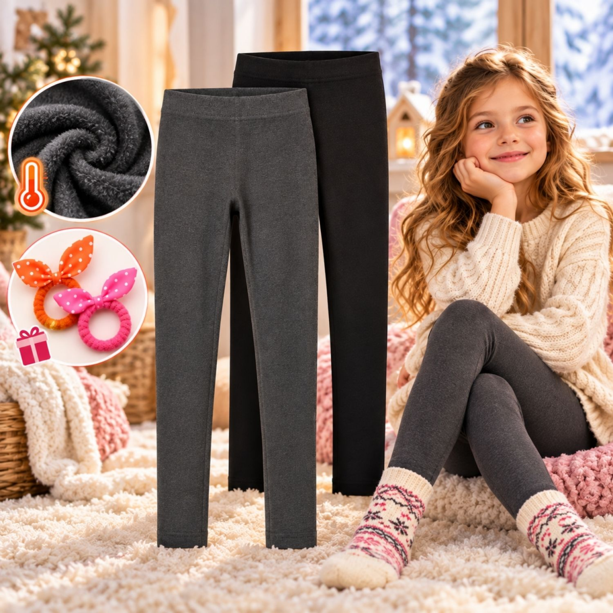 Kinder-Thermohosen-Set 2 Stück – Warme Winterleggings in Schwarz und Grau, mit Geschenk-Haargummi (150)