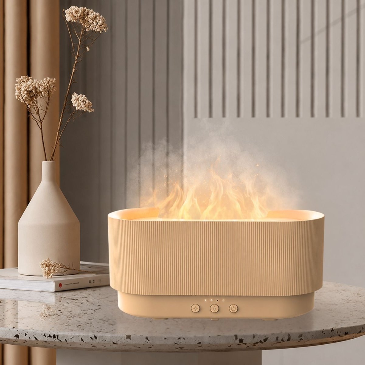 3D Lánghatású Aromaterápiás Diffúzor és Ultrahangos Párásító – LED Hangulatfénnyel, USB - C Tápkábellel, 300 ml - BShopy