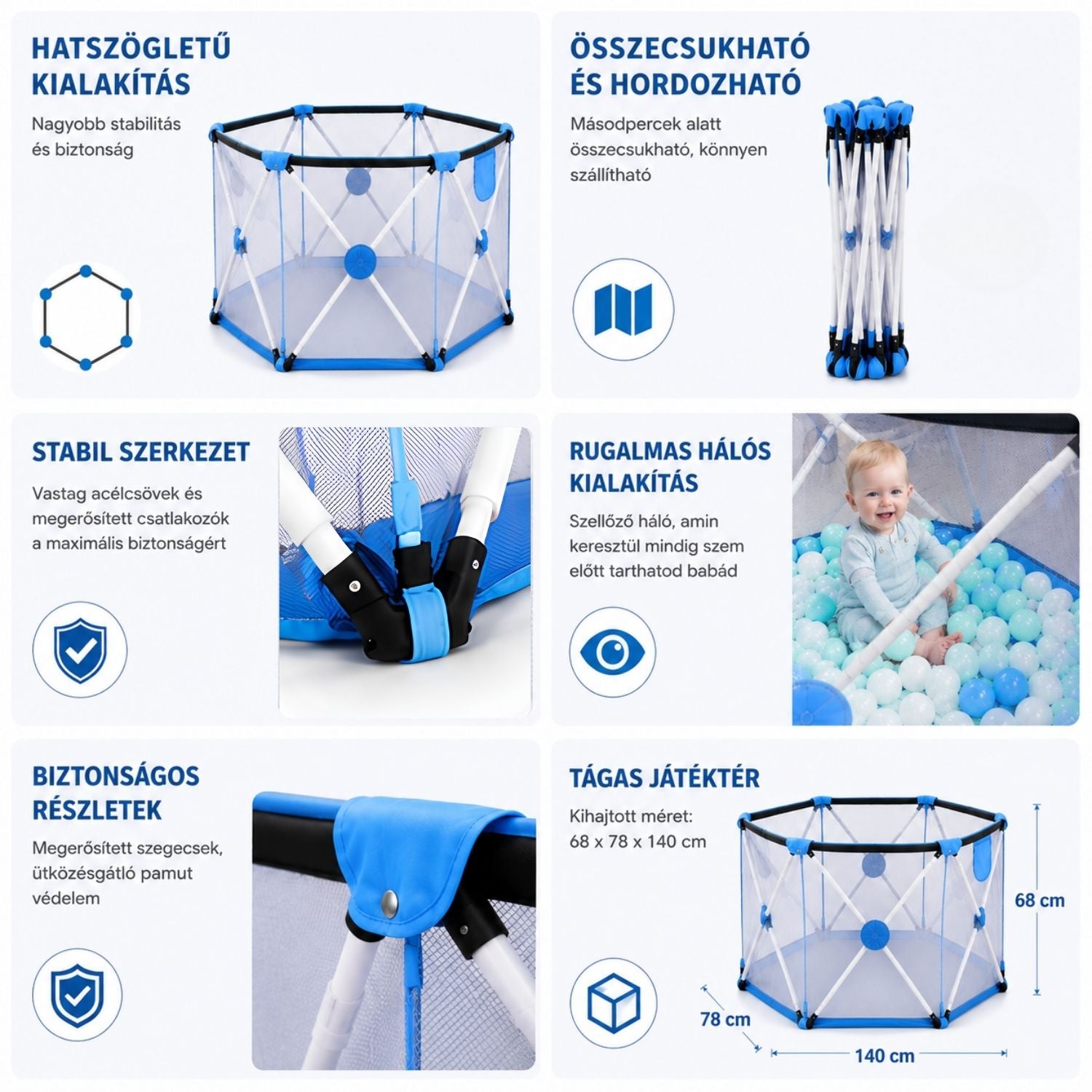 Forroby Blauer Sechseckiger Spielrahmen für Kinder - 68 x 78 x 140 cm, Sicheres Spielen