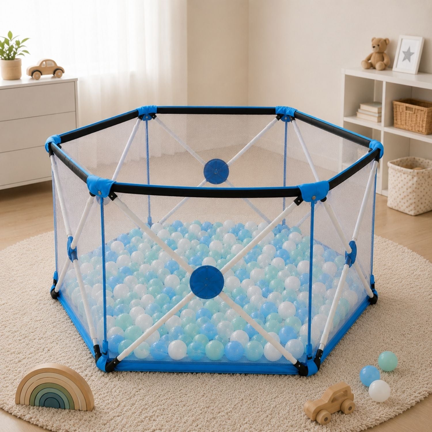 Forroby Blauer Sechseckiger Spielrahmen für Kinder - 68 x 78 x 140 cm, Sicheres Spielen