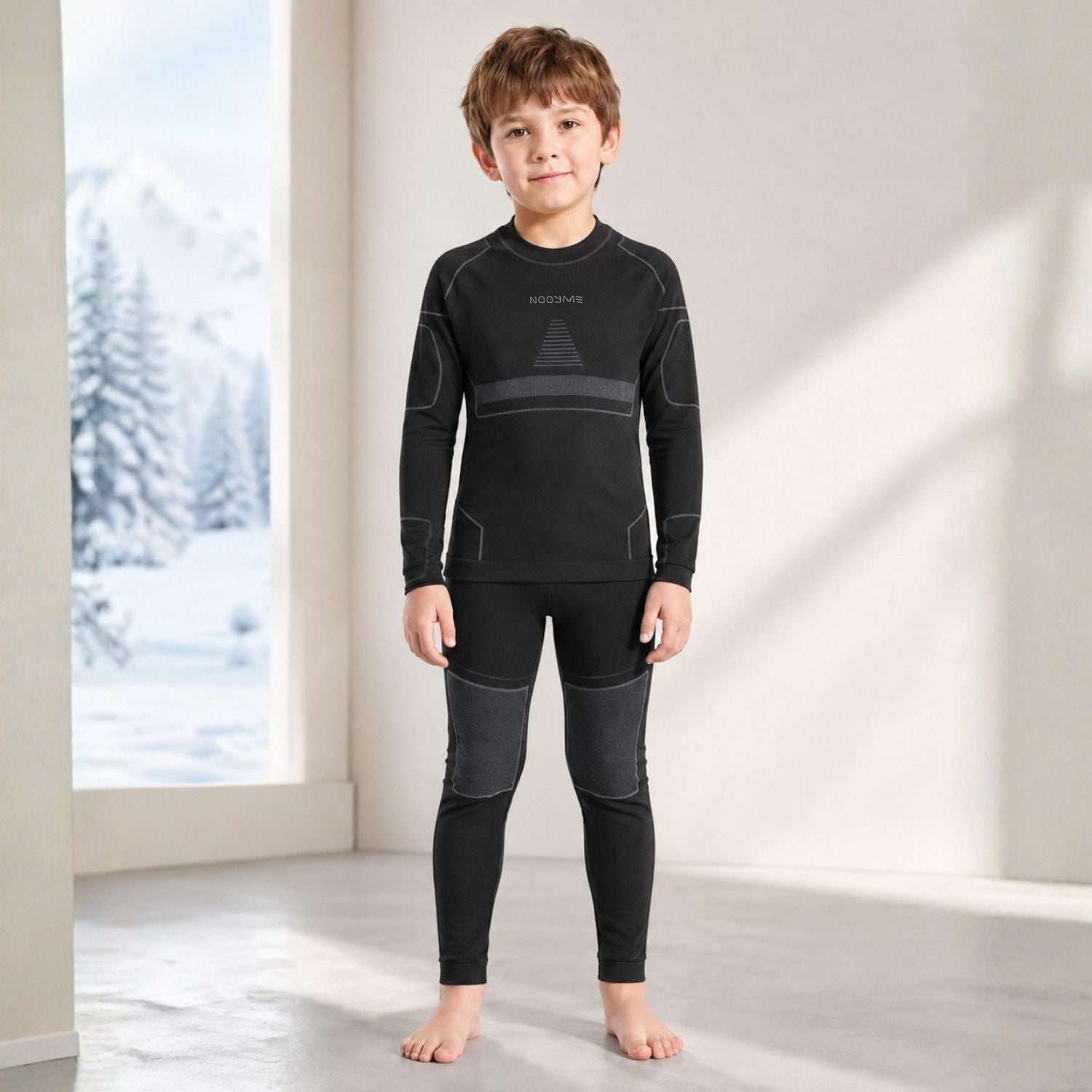 NOOYME Kinder Thermo Kleidung, Unter- und Oberteil Set - Schwarz (140-145 cm)