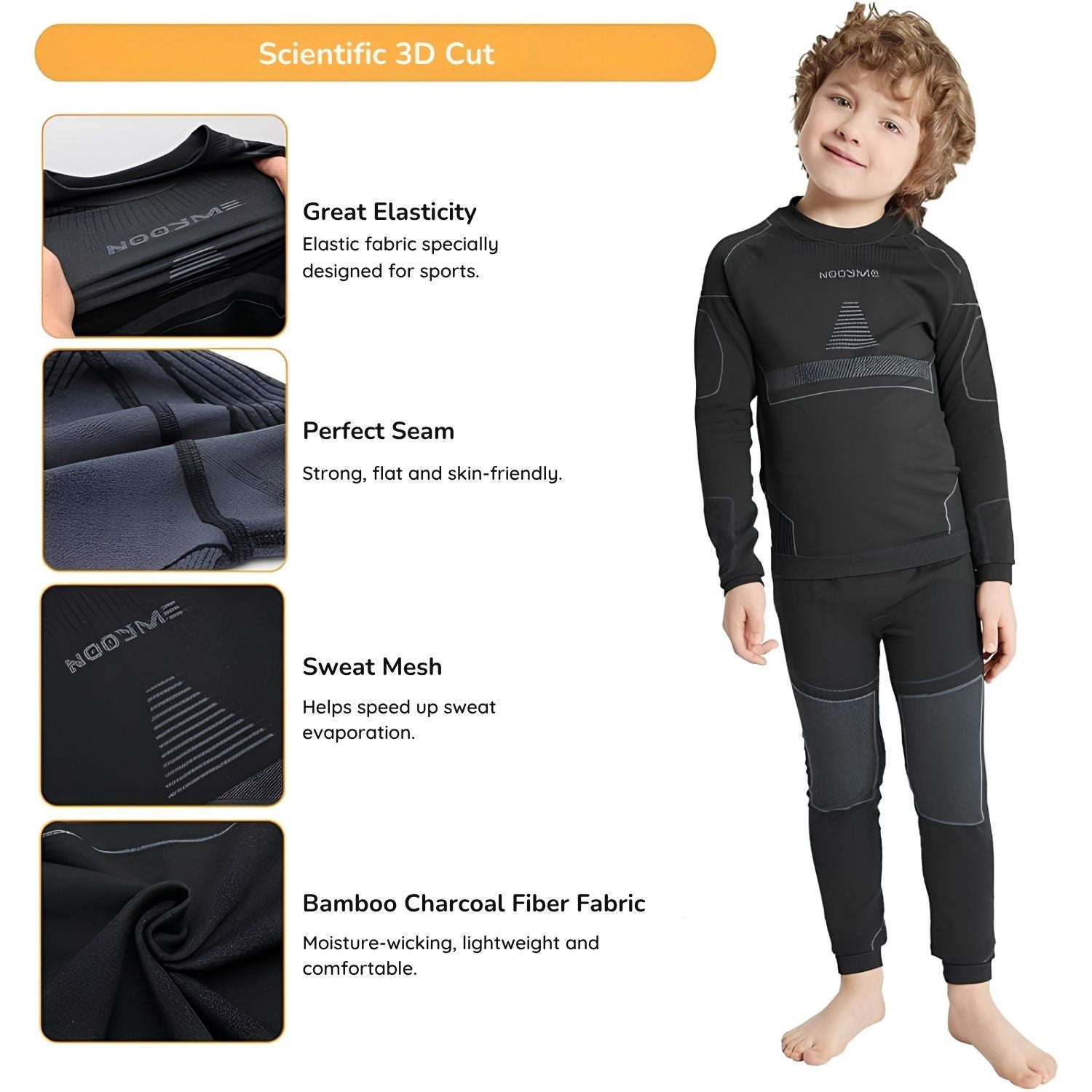 NOOYME Kinder Thermo Kleidung, Unter- und Oberteil Set - Schwarz (140-145 cm)