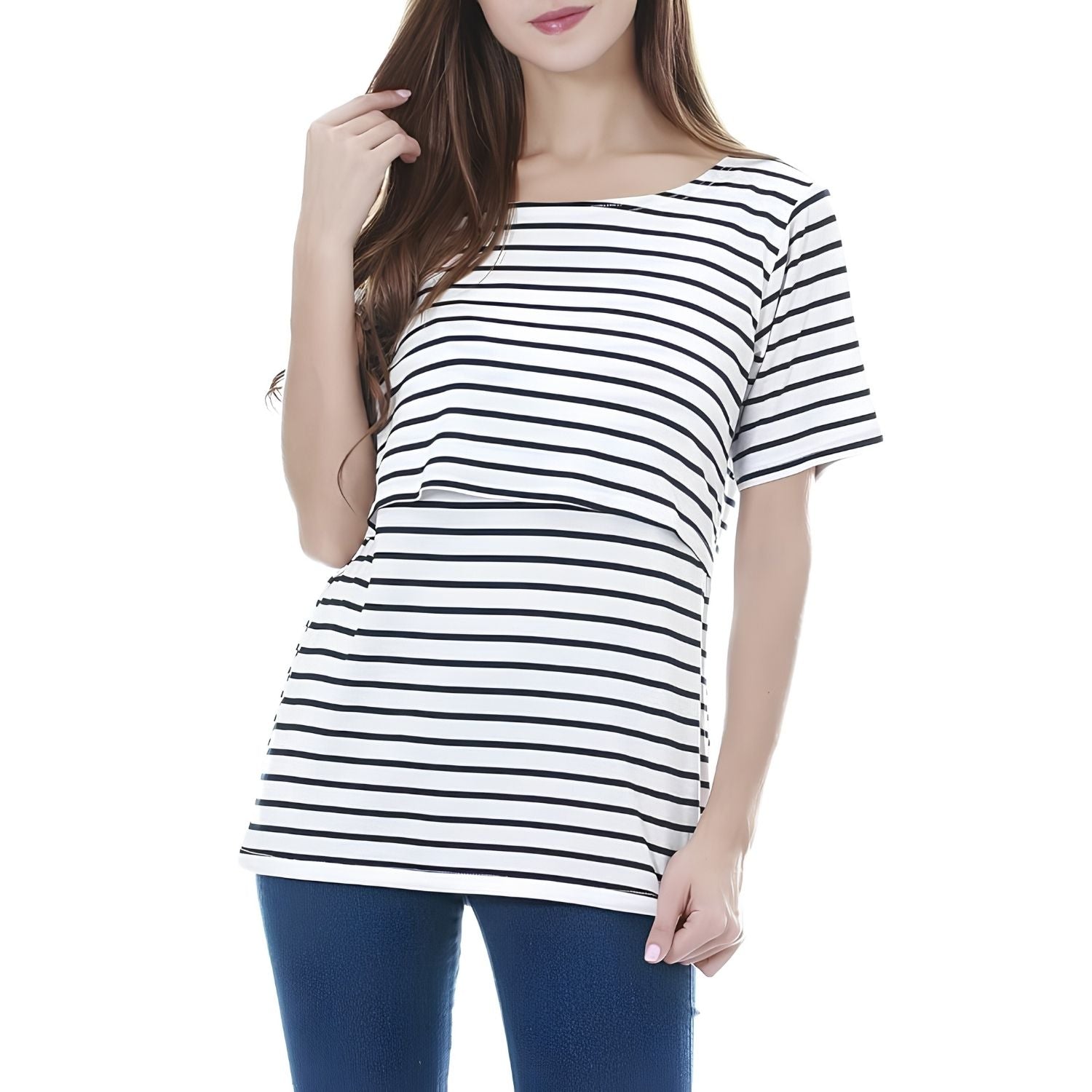 Damen Umstands-Stillshirt, Kurzarm (Schwarz-Weiß Gestreift)