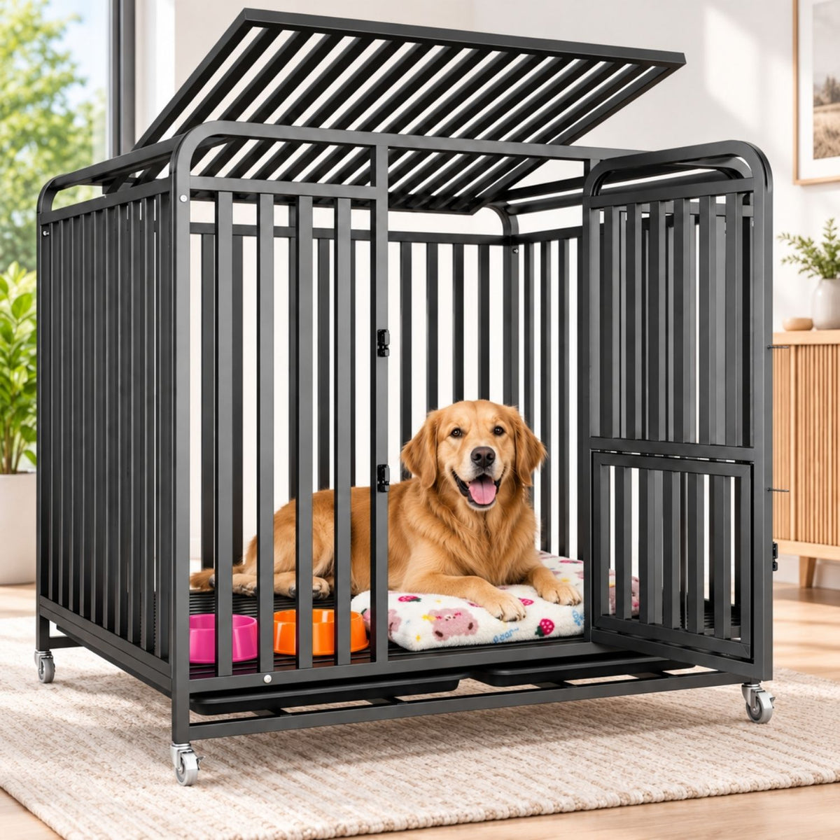 Bissfester rollbarer Metall-Hundekäfig mit herausziehbarer Schale