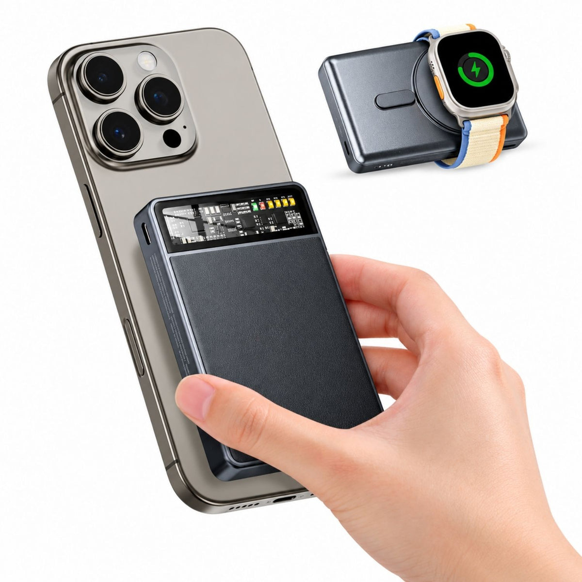 KPON Magnetische Powerbank 10000mAh mit Magsafe iPhone und Apple Watch Ladegerät - Kohleschwarz