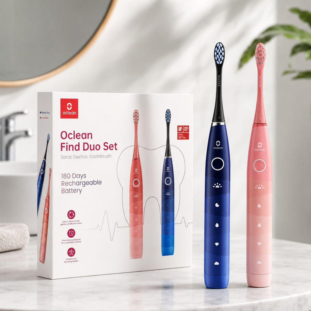 Oclean Find Duo Elektrische Zahnbürste Set – 2 Stück, Blau und Rot