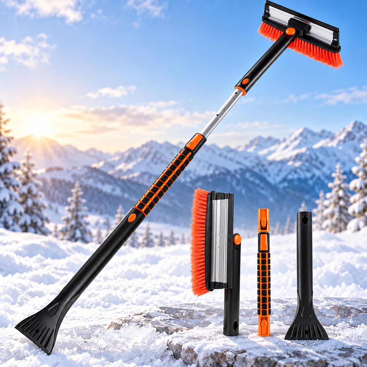 Teleskopischer Schneebesen mit Eiskratzer, 3-in-1-Set in verschneiter Landschaft - BShopy