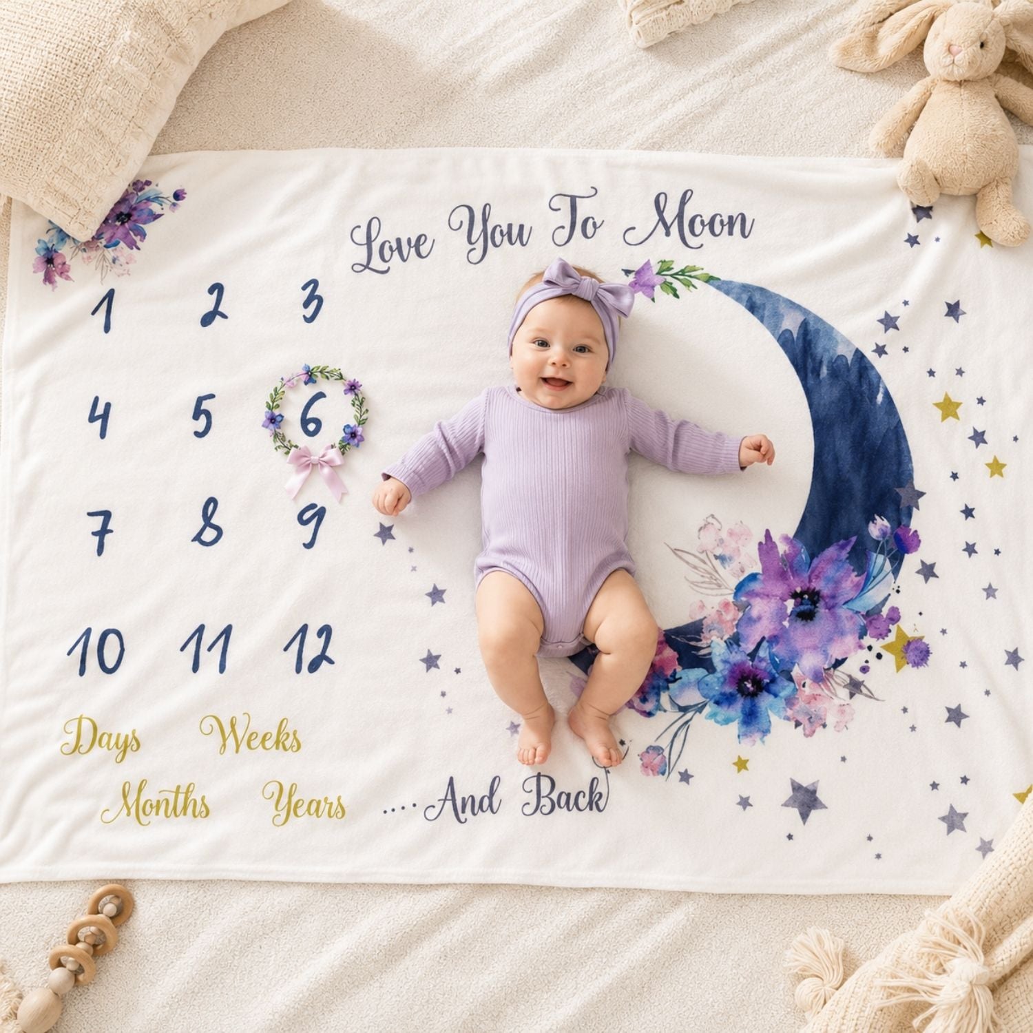 Ever Fairy Meilenstein Babydecke - Fleece, 150×100 cm, Lila mit Mond-Motiv