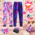 Galaxy gemusterte Fleece-gefütterte Winter-Kinderleggings – 2 Thermohosen + 2 Haargummis