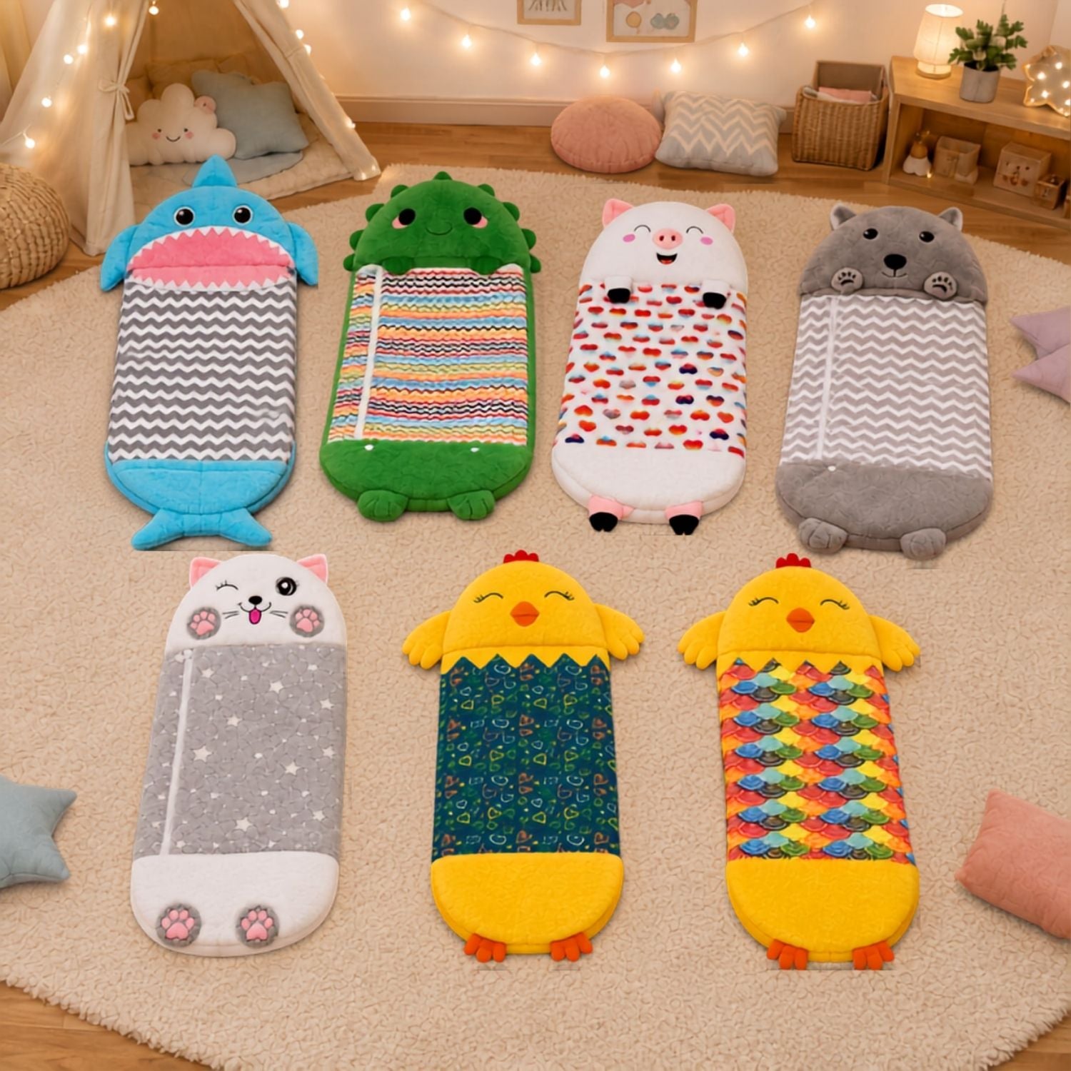2-in-1 Kinder-Schlafsack und Kissen mit Tiermotiv – zusammenklappbarer Plüsch-Schlafsack für Kinder