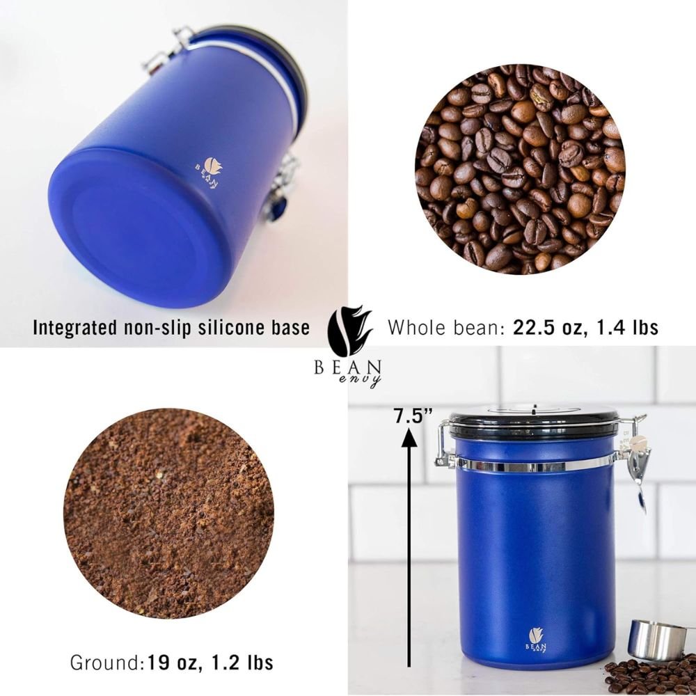 Bean Envy Prémium Légmentes Kávétároló Doboz 3000 ml – Rozsdamentes Acél, CO2 Szeleppel, Dátumjelölővel és Mérőkanállal – Kék - BShopy