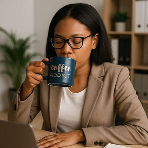 Coffee Addict Kerámia Bögre – 410 ml, Kék Arany Felirattal - BShopy