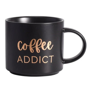 Coffee Addict Kerámia Bögre – 410 ml, Kék Arany Felirattal - BShopy