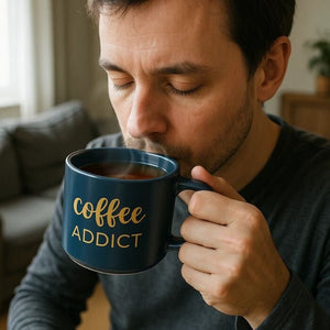 Coffee Addict Kerámia Bögre – 410 ml, Kék Arany Felirattal - BShopy