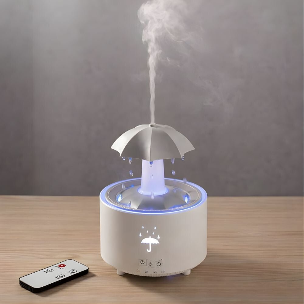 Forgó Esernyő Aromadiffúzor Esőcsepp Hatással – 7 Színű LED Hangulatvilágítással, Időzítővel és Automatikus Kikapcsolással - BShopy