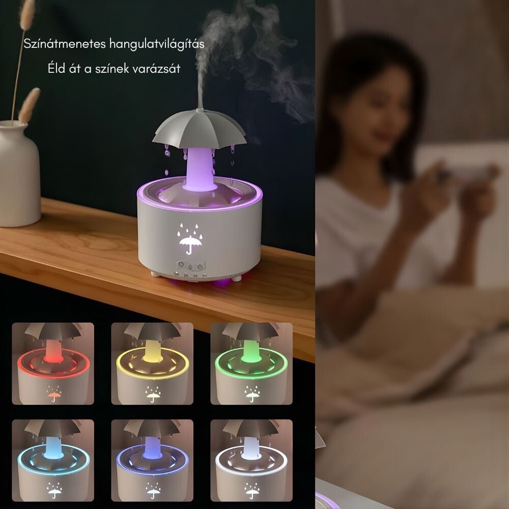 Forgó Esernyő Aromadiffúzor Esőcsepp Hatással – 7 Színű LED Hangulatvilágítással, Időzítővel és Automatikus Kikapcsolással - BShopyX0024I4ZMN_1