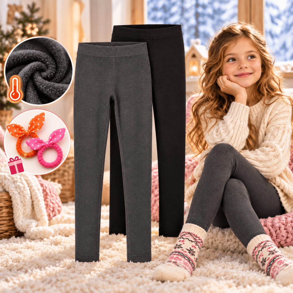Gyerek Thermo Nadrág Szett 2 db – Meleg Téli Leggings Fekete és Szürke Színben, Ajándék Hajgumival (150)-BShopy