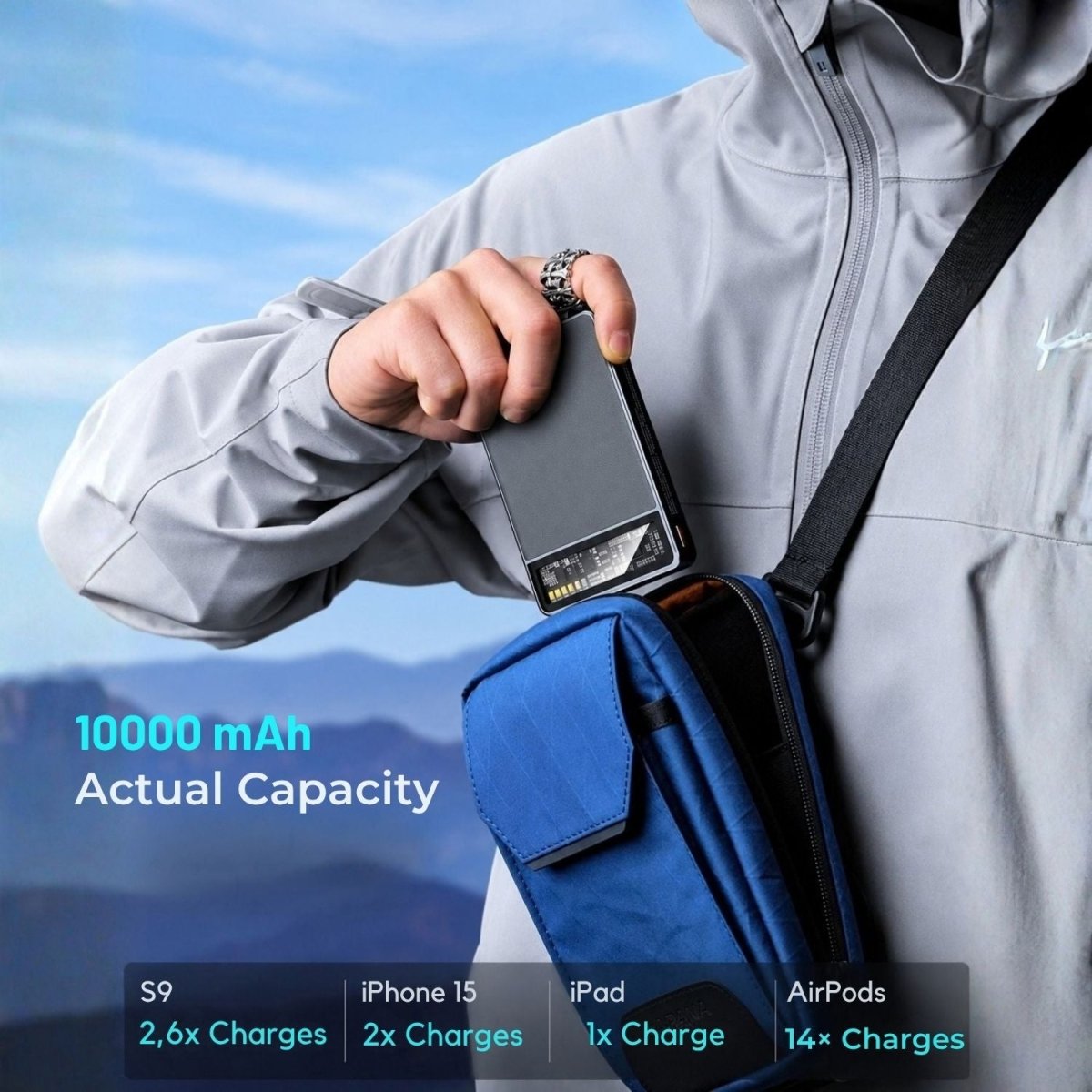 KPON magnetische Powerbank 10000 mAh mit MagSafe-Ladegerät für iPhone und Apple Watch – Karbonschwarz – BShopy