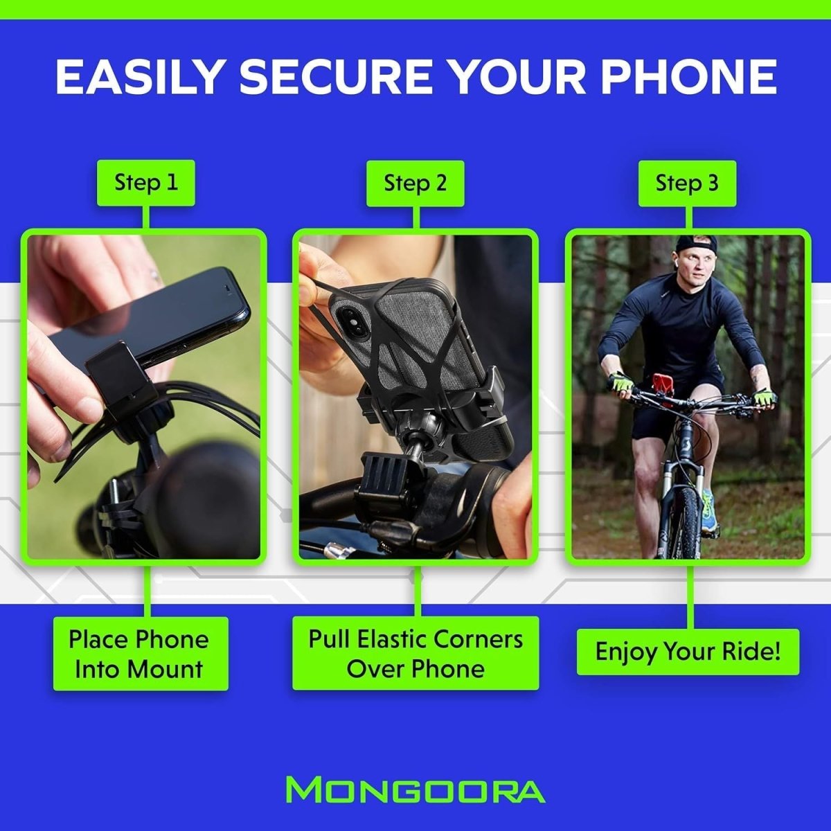 Mongoora Univerzális Kerékpáros Telefontartó – 360° - os Forgatással és Extra Biztonsági Szilikonhálóval - BShopy
