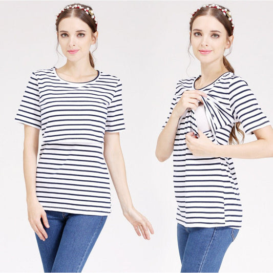 Női Kismama Szoptatós Póló, Rövid Ujjú Felső (Fekete - Fehér Csíkos) S - BShopyX0010PO34V_0