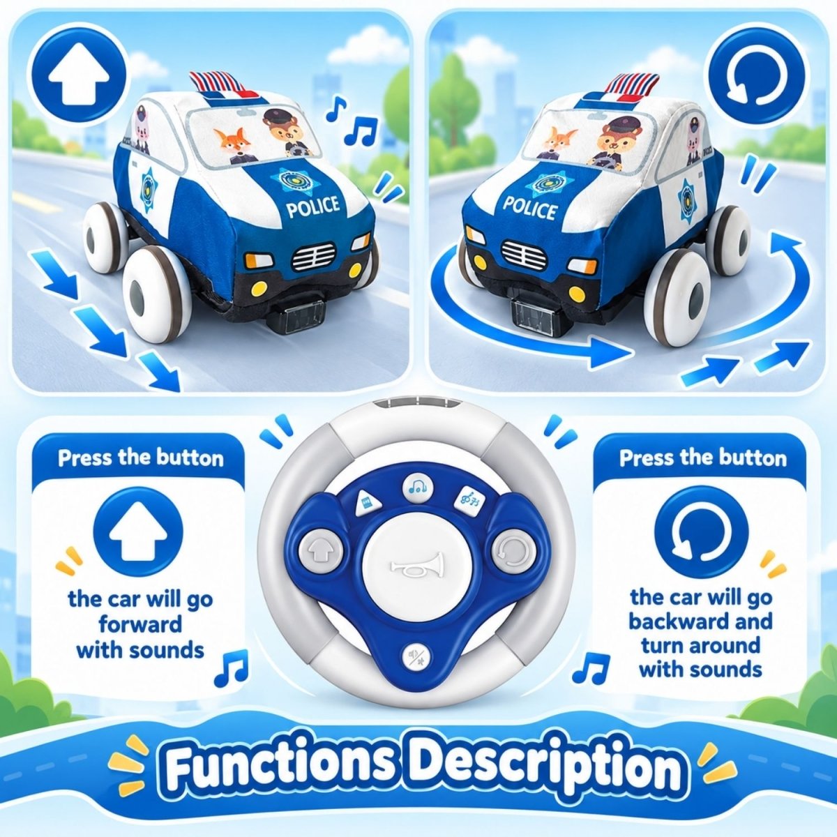 Ferngesteuertes Spielzeugauto aus weichem Material mit Spielteppich (Polizeiauto) - BShopy