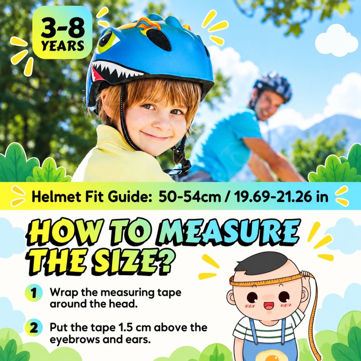 Größenwahl Kinderhelm – Kopfumfang 50–54 cm, 3–8 Jahre